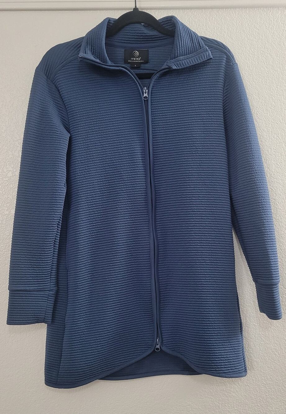 MPG Women’s Small Blue Textured Longline Full Zip Athletic Jacket 2 Way Zip